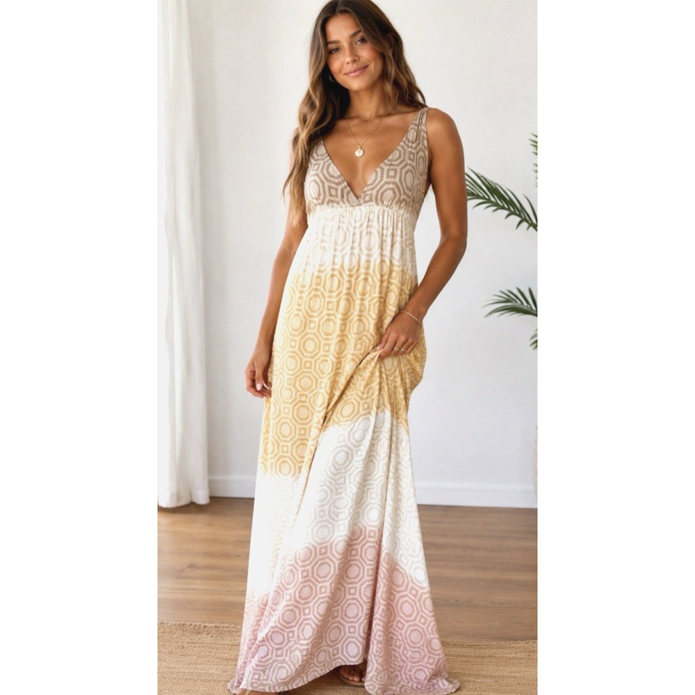 Y2K Language Babydoll Beach Resort Maxi‎ Sun Dress Size S Boho Feminine Coastal